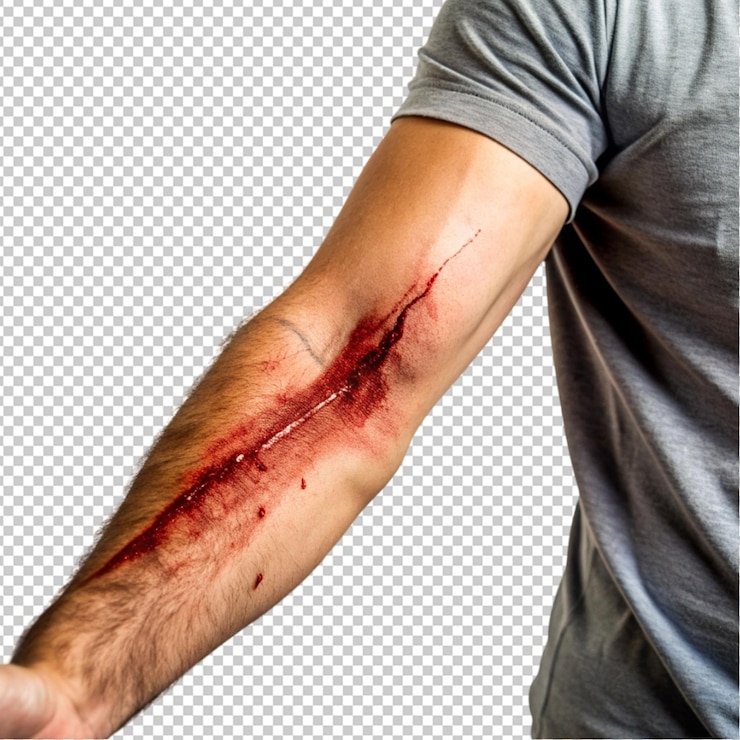 PSD um arranhão com sangue a correr pelo braço do homem.