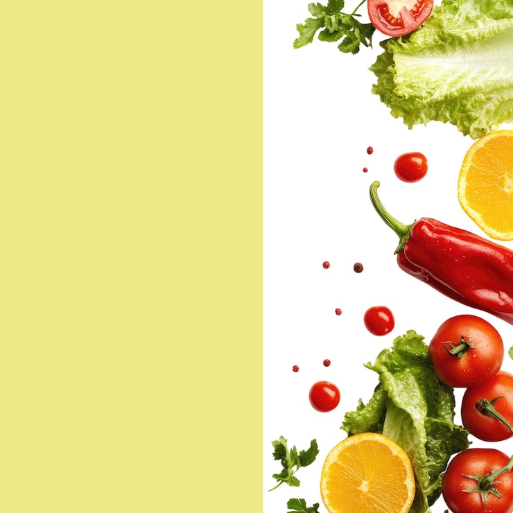 PSD um arranjo colorido de vegetais e frutas frescas no lado direito com espaço para texto fundo branco fundo alfa transparente png