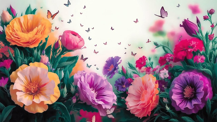 PSD um arranjo floral colorido com borboletas voando em torno dele