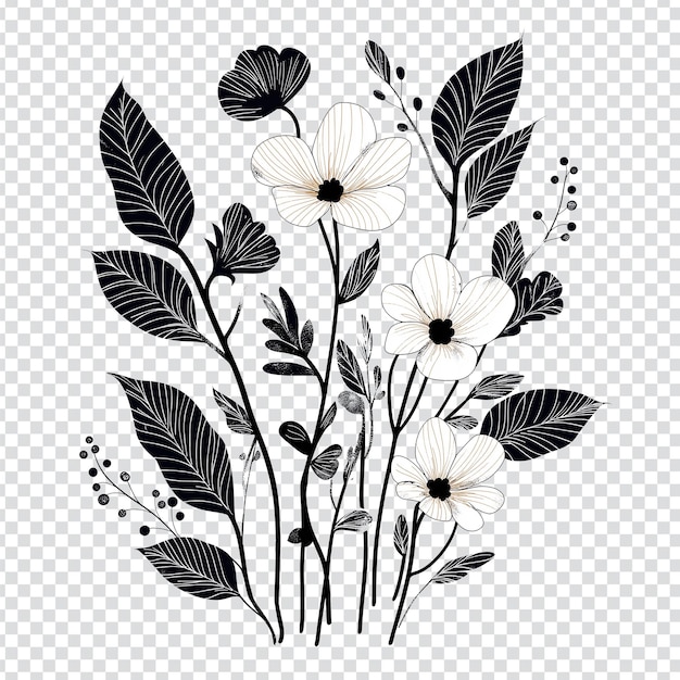 um arranjo floral com folhas e flores pretas em um fundo transparente