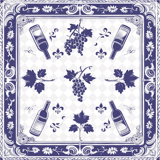 PSD um azulejos azul e branco com uma garrafa de álcool e uma garrafão de vinho