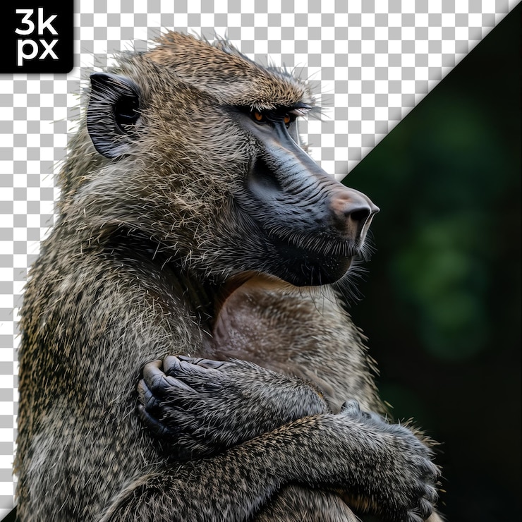PSD um babuíno está de pé na frente de uma foto em preto e branco