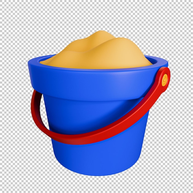Um balde azul com uma alça vermelha e ilustração 3D de areia