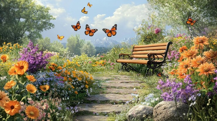 PSD um banco de jardim sereno em meio a flores silvestres vibrantes e borboletas com um cenário montanhoso cênico