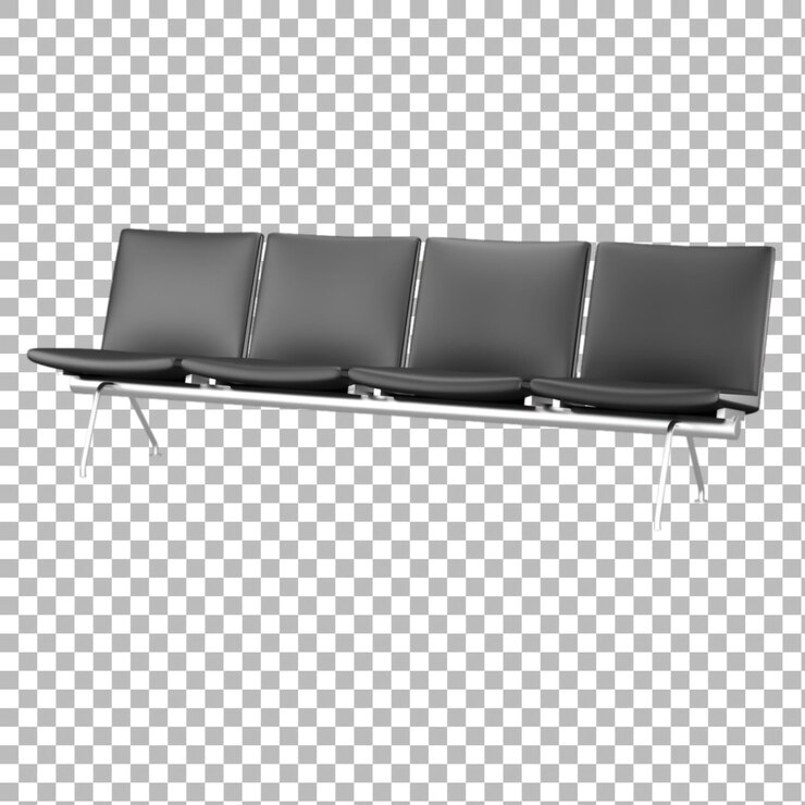 PSD um banco elegante de quatro lugares com uma estrutura metálica e almofadas pretas ideal para interiores modernos que oferecem estilo e conforto perfeito para áreas de espera e salões