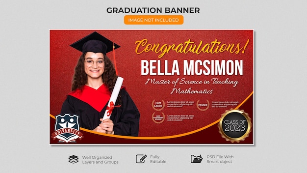 Um banner para bella mcmurtry mostra uma mulher com um boné e um vestido de formatura.