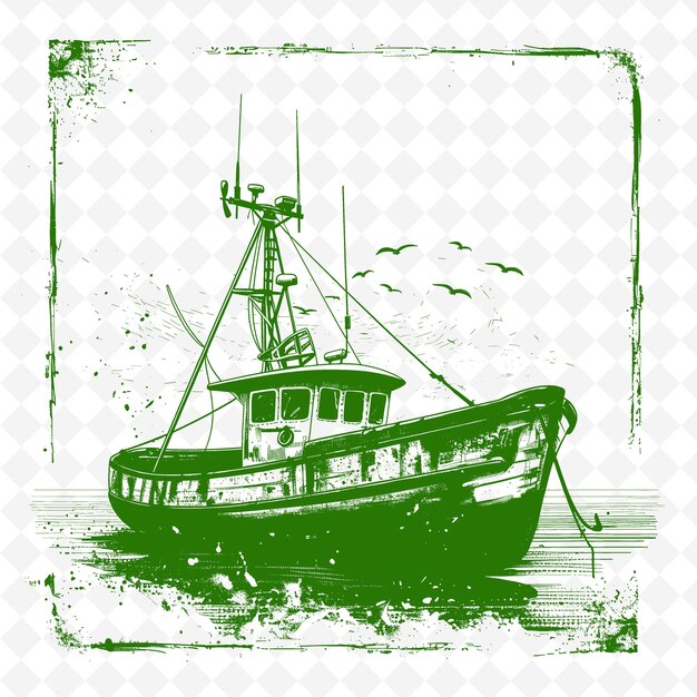 Um barco que tem um fundo verde com uma imagem de um barco nele