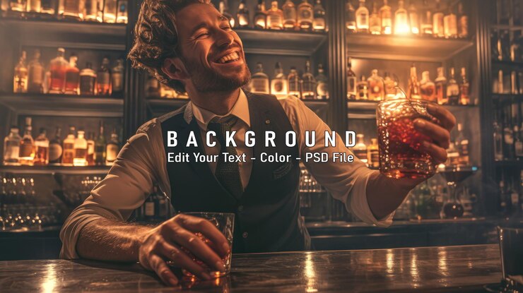 PSD um barman sorridente segura um copo de uísque em um bar mal iluminado