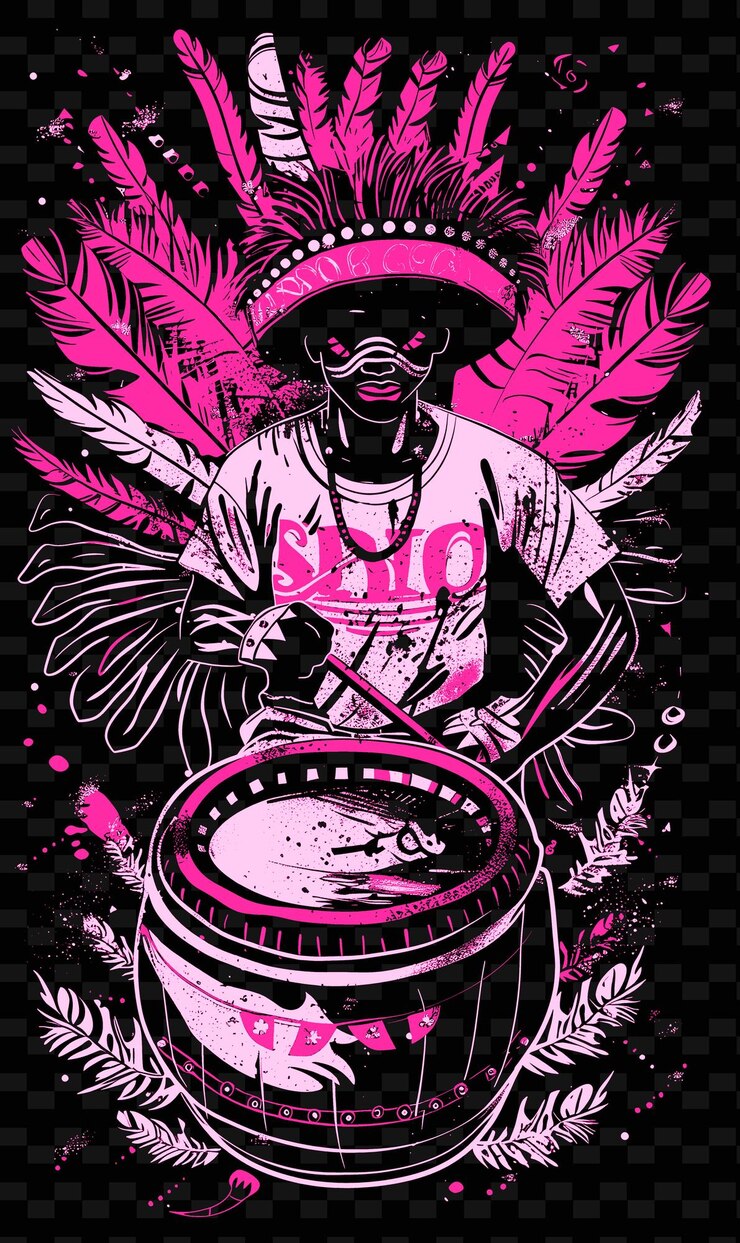 PSD um baterista de samba reggae em um carnaval salvadorenho com penas ilustrações desenhos de cartazes de música
