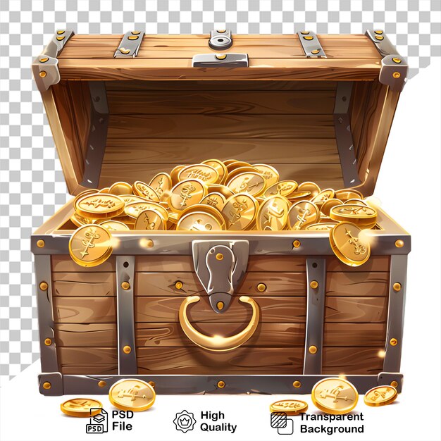 Um baú de madeira com moedas de ouro em fundo transparente