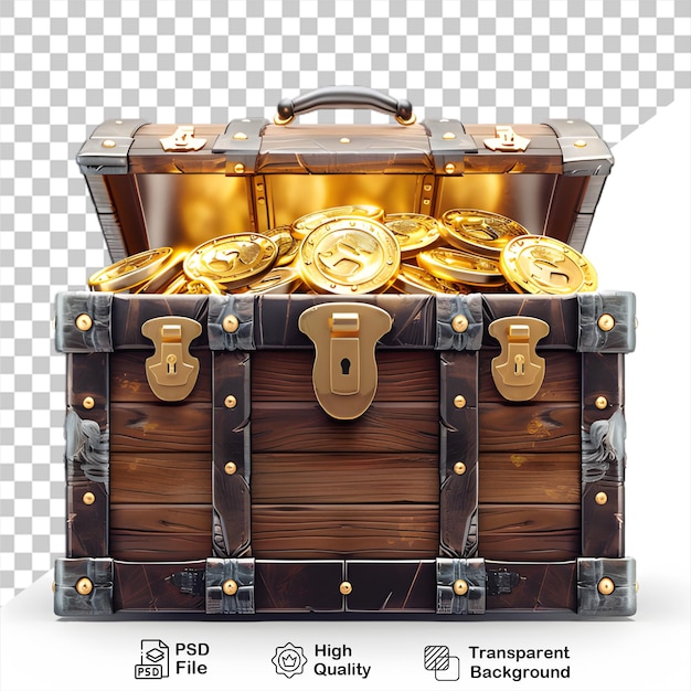 PSD um baú de madeira com moedas de ouro em fundo transparente