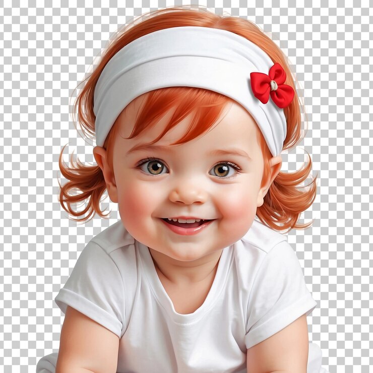 PSD um bebé com o cabelo vermelho e um chapéu branco.