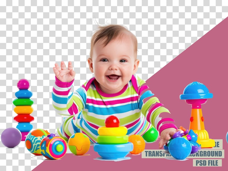 PSD um bebê está brincando com brinquedos em um fundo transparente