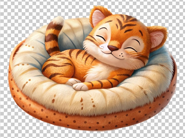 PSD um bebé tigre bonito a dormir numa cama redonda de pelúcia.