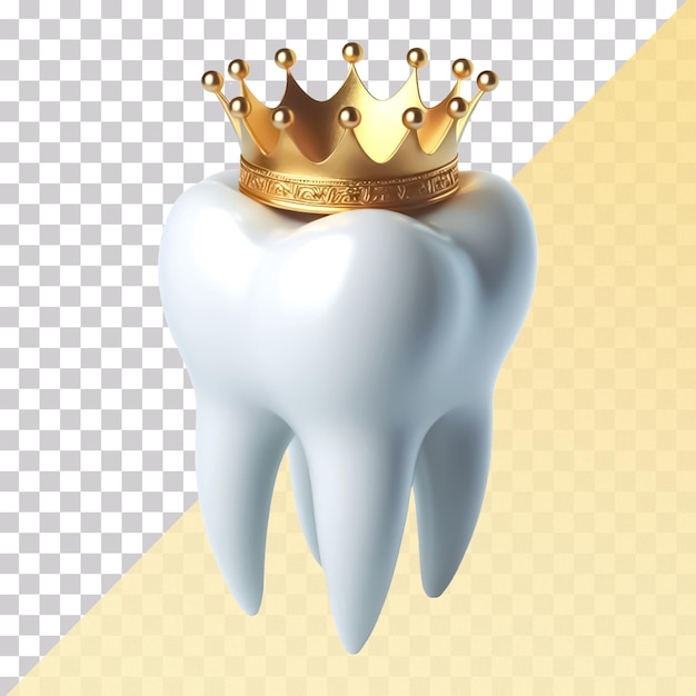 Um belo dente branco vestindo uma coroa dourada isolado em um fundo transparente