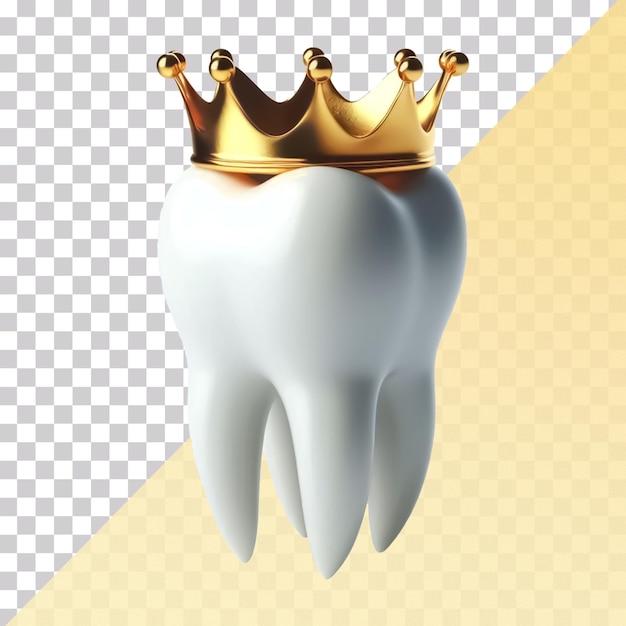 Um belo dente branco vestindo uma coroa dourada isolado em um fundo transparente