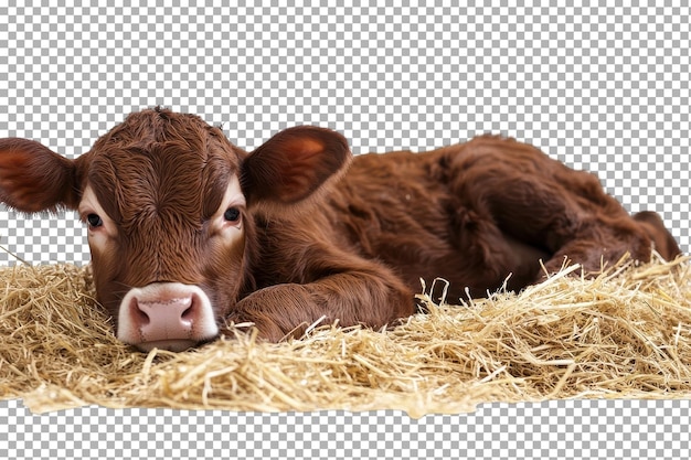 Um bezerro descansando tranquilamente em uma cama de palha macia em um ambiente tranquilo