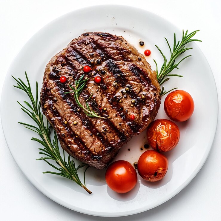 PSD um bife com alecrim e um monte de tomates