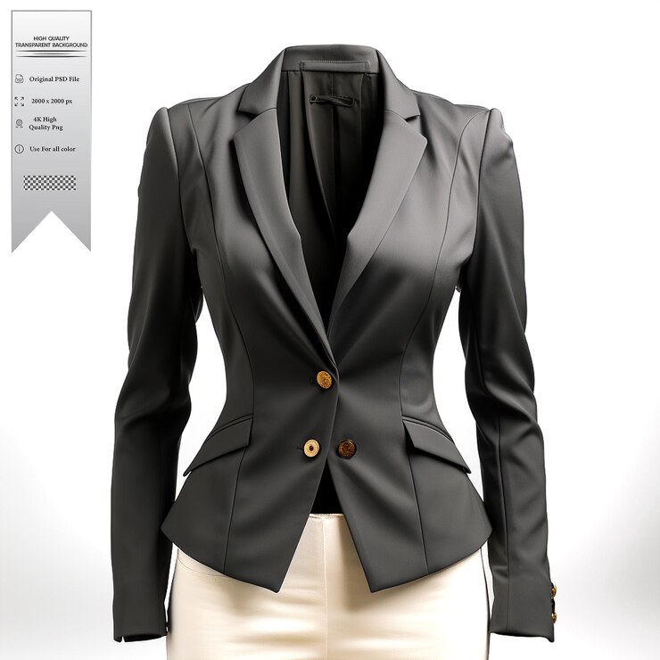 PSD um blazer cinza a carvão com um design minimalista e detalhes assimétricos em fundo transparente