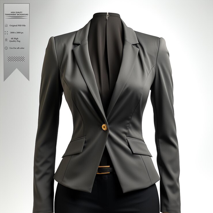 PSD um blazer cinza a carvão com um design minimalista e detalhes assimétricos em fundo transparente