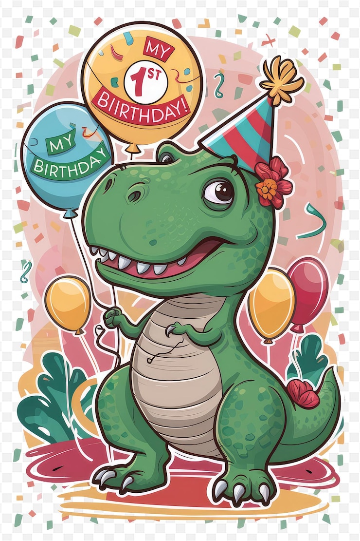 PSD um bolo de aniversário para um dinossauro com um chapéu de aniversário nele
