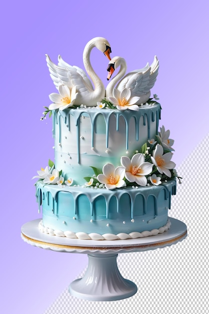 PSD um bolo de casamento com cisnes e flores.