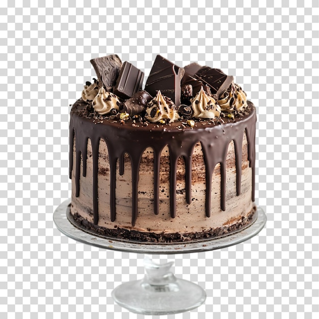 um bolo de chocolate com chocolate em um prato de vidro e uma garrafa de chocolate nele