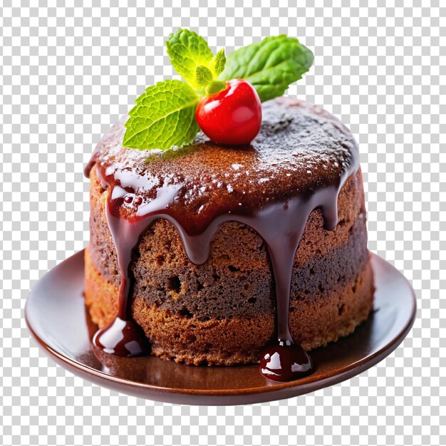 PSD um bolo de chocolate com molho de chocolate e um morango em fundo transparente