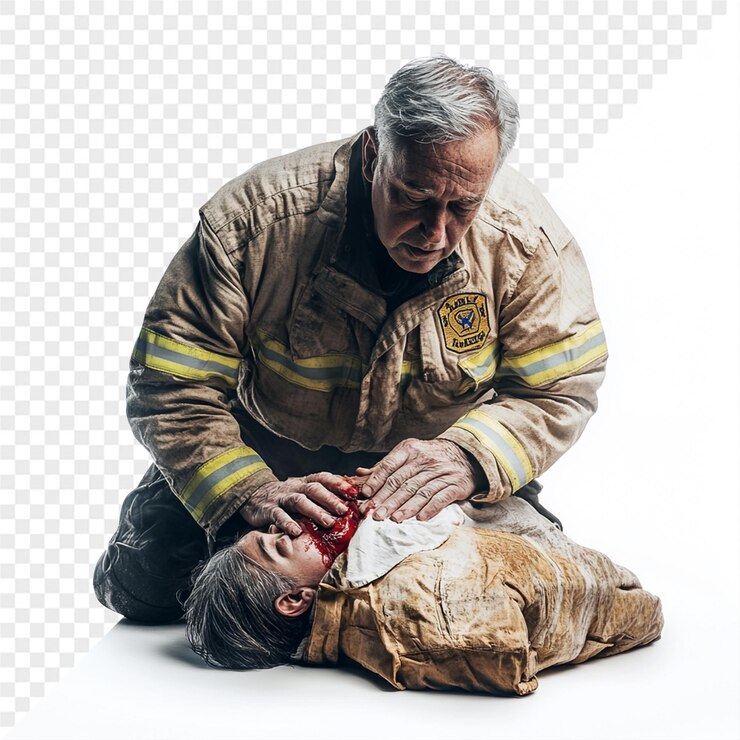 PSD um bombeiro está ajudando um menino com uma bandagem.