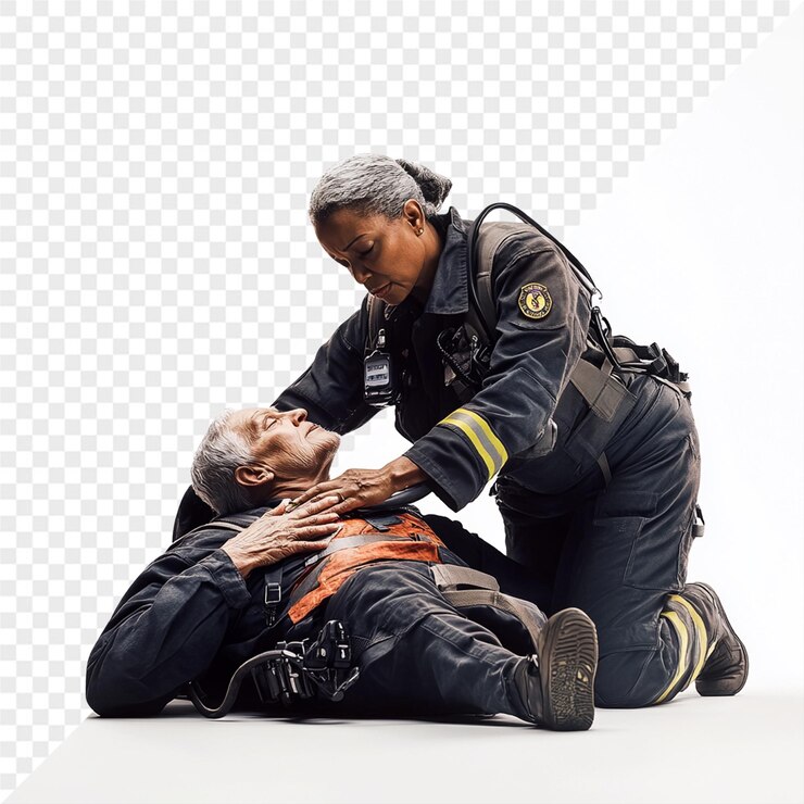 PSD um bombeiro está vestindo um uniforme preto e está ajudando uma mulher com um bombeiro