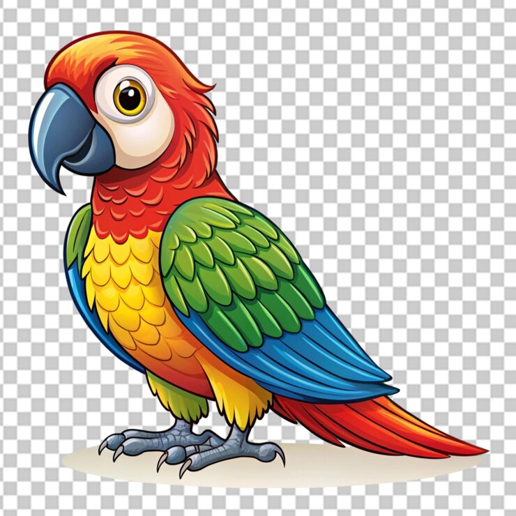 PSD um bonito desenho animado de um arara sentado num galho.