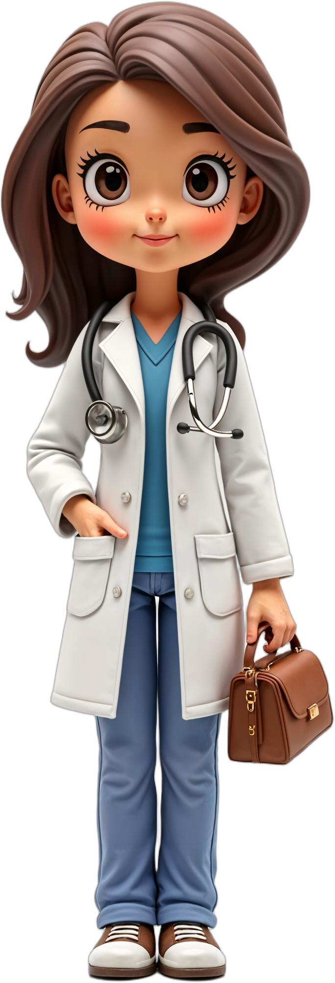 PSD um bonito médico de desenho animado com um estetoscópio e um saco médico vestindo um casaco branco e roupas azuis isolado em fundo transparente