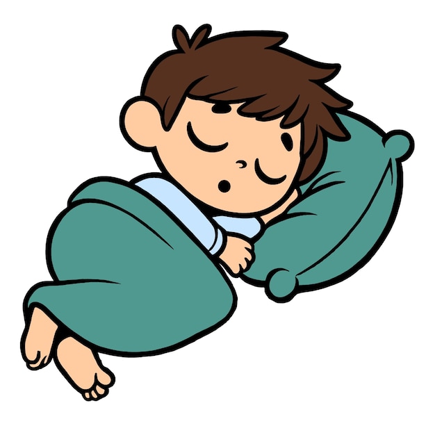 Um bonito menino de desenho animado a dormir tranquilamente na cama.