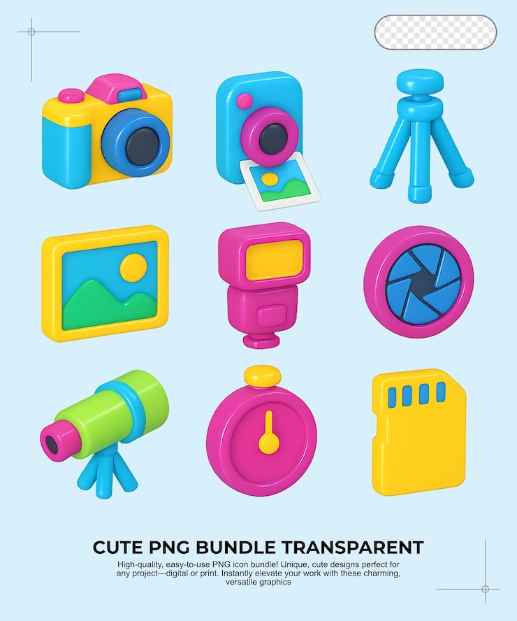 PSD um bonito pacote de ícones de fotografia em png 3d