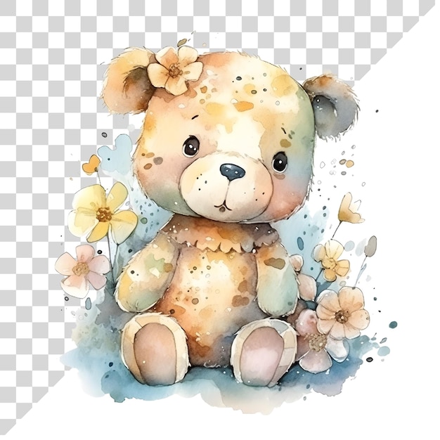 PSD um bonito urso de aquarela de desenho animado com flores em um fundo transparente