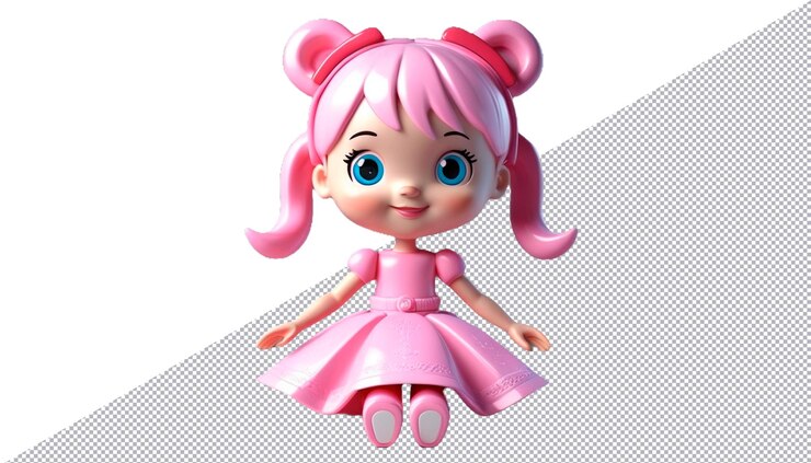 PSD um brinquedo de boneca com cabelo rosa e um laço rosa no rosto