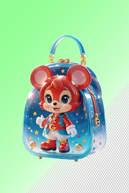 Um brinquedo que tem uma menina num saco com o nome mickey nele.