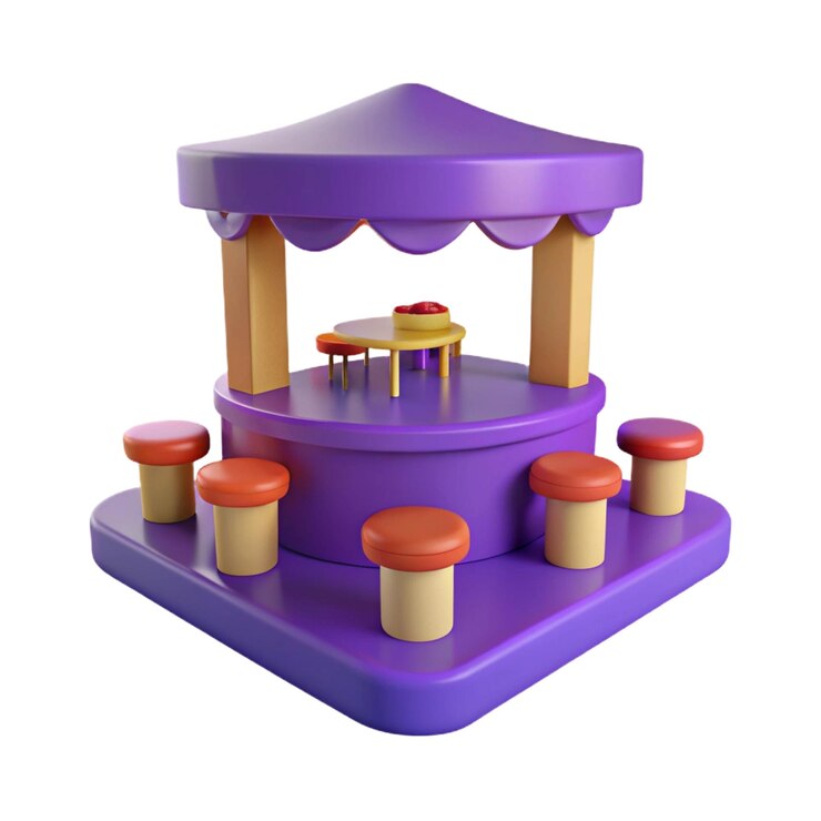 PSD um brinquedo roxo com uma base roxa e uma mesa amarela com uma série de pequenos blocos nele