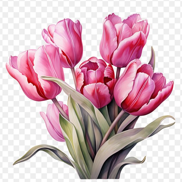 PSD um buquê de tulipas cor-de-rosa com as palavras primavera em um fundo transparente