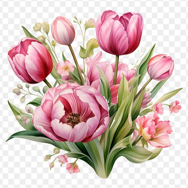 PSD um buquê de tulipas cor-de-rosa com as palavras primavera na parte de baixo