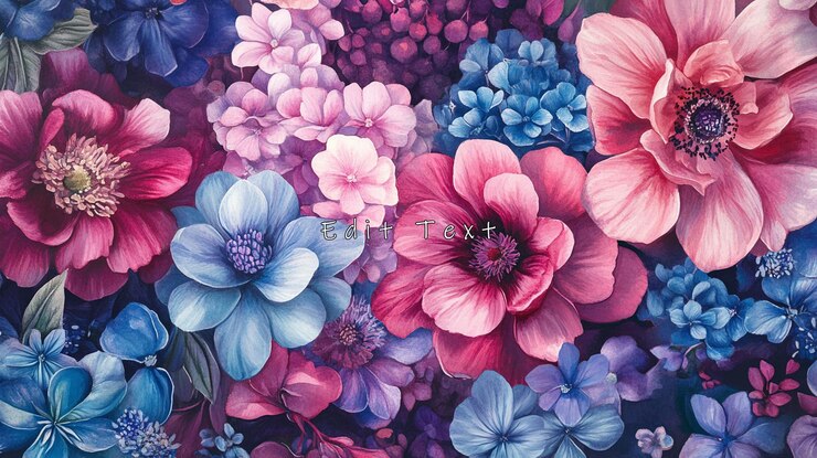 PSD um buquê exuberante de flores cor-de-rosa, roxas e azuis.