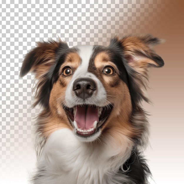 Um cachorro com um rosto branco e marrom e um fundo transparente de pelo marrom e branco