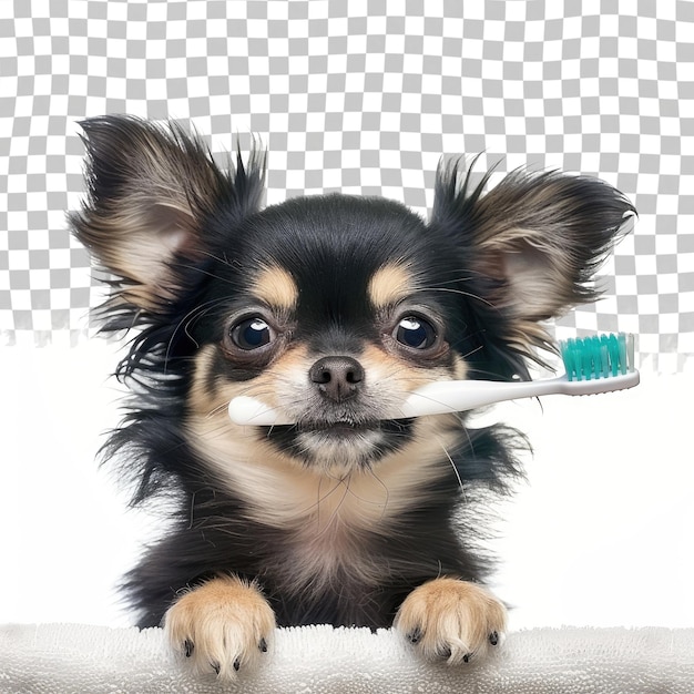 PSD um cachorro com uma escova de dentes na boca está mastigando uma escoba de dentes
