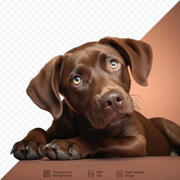 PSD um cachorro deitado em uma mesa com a foto de um cachorro marrom.