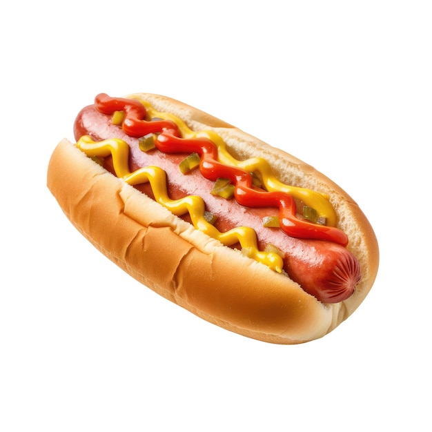 Um cachorro-quente com mostarda e ketchup em um pão png transparent generative ai