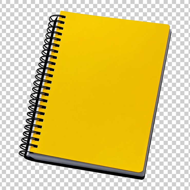 PSD um caderno amarelo em espiral ou caderno de esboços com uma capa em branco isolada em fundo transparente