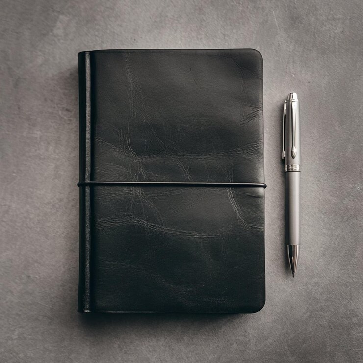 um caderno preto com uma caneta ao lado e uma caneta em um fundo cinzento
