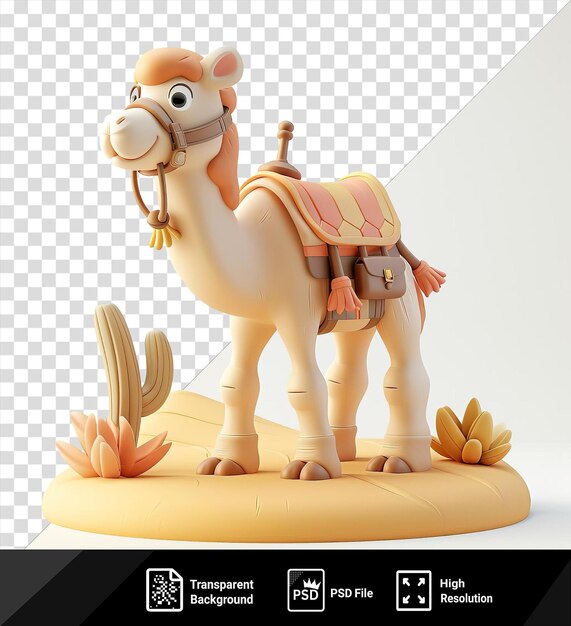 PSD um camelo de desenho animado 3d isolado caminhando pelo deserto acompanhado por um cavalo branco e adornado com flores laranjas e amarelas enquanto uma perna branca e um olho preto espreitam por trás do camelo png