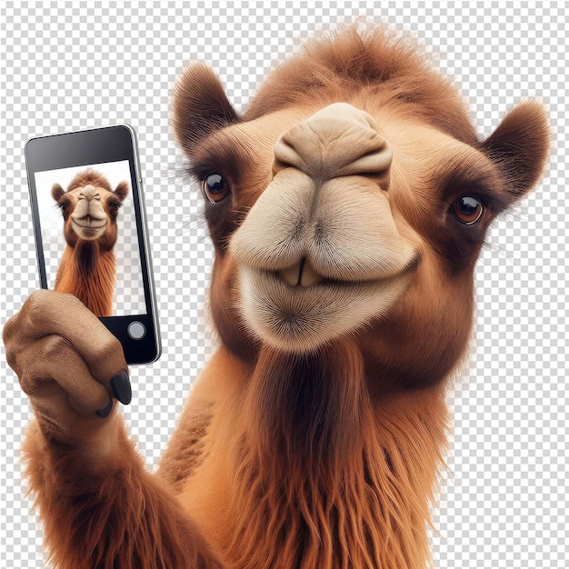 PSD um camelo está segurando um telefone com uma foto de um camelo nele