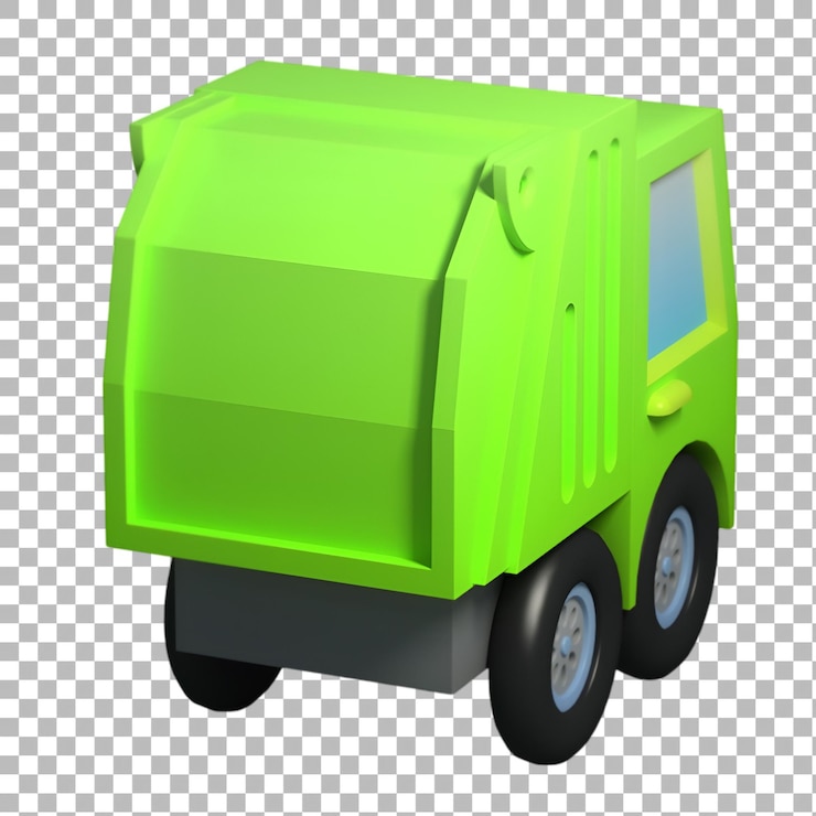 PSD um caminhão de entrega de brinquedo verde renderizado em 3d com um design quadrado com uma área de carga listrada e rodas grandes perfeitas para brincadeiras imaginativas e atividades educacionais das crianças